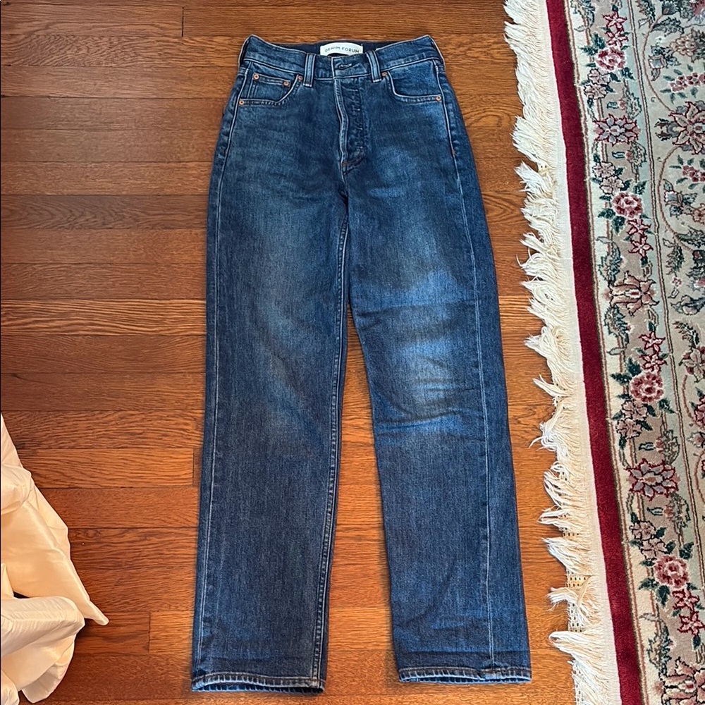 Denim Forum Blue Straight Leg Jeans with Stretch